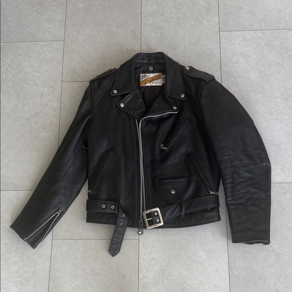 Schott Black Leather Biker Jacket- size 38